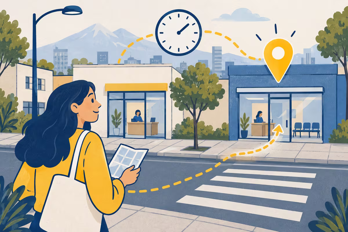 Ilustración de una persona que ubica una oficina en un plano, con un reloj y una ruta peatonal.